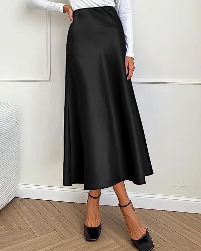 BTFBM 2026 Womens Spring Summer Long Satin Skirt Silk Elegant High Waist Cocktail Party Wedding Flowy A-Line Midi Skirts(Black, Medium)
