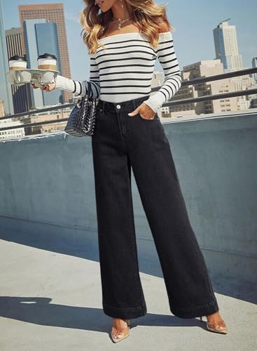 Dokotoo Womens Casual High Waisted Jeans for Women Straight Wide Leg Loose Stretch Denim Pants Black Size 6