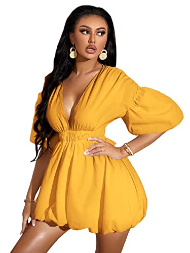 Sabrina Carpenter Yellow Dress - Women's Deep V Neck Puff Sleeve High Rise Flare Dress Elastic Waist Dress Yellow