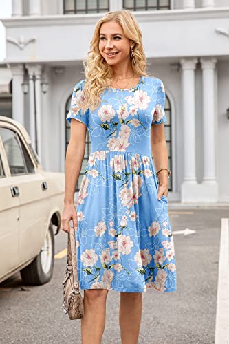 DB MOON Women Casual Short Sleeve Dresses Empire Waist Knee Length Dress with Pockets (Flower Light Blue, L)