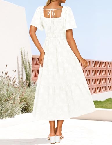 ZESICA Women‘s Summer Boho Floral Midi Dress 2026 Casual Short Sleeve Square Neck Flowy Beach Vacation Long Dress,White,Medium