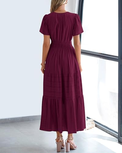 BTFBM Womens Summer 2026 Casual Midi Maxi Dresses Lightweight Short Sleeve V Neck Elastic Waist Boho Beach Dress Pockets(Wine Red, Large)
