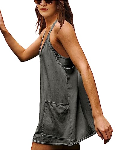 Zhiyouni Women's Summer Sleeveless Mini Dress V Neck Spaghetti Straps Athletic Built-in Shorts Sundress(Darkgrey-M)