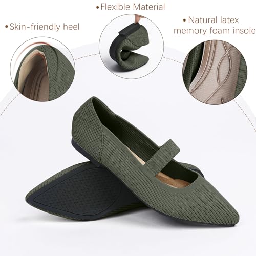 TINGRISE Women's Flats Shoes Pointed Toe Knit Washable Ballet Comfortable Dressy Mary Jane Flat Green US9