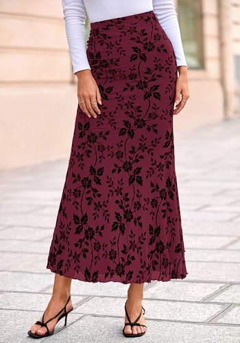 BTFBM Womens Floral Mesh Maxi Skirt 2026 Spring Summer Elastic High Waisted Boho Elegant Mermaid Long Skirts for Women(Burgundy, Medium)