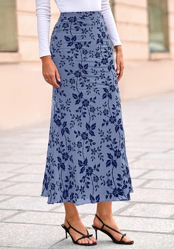 BTFBM Womens Floral Mesh Maxi Skirt 2026 Spring Summer Elastic High Waisted Boho Elegant Mermaid Long Skirts for Women(Dusty Blue, Medium)