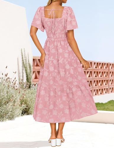 ZESICA Women‘s Summer Boho Floral Midi Dress 2026 Casual Short Sleeve Square Neck Flowy Beach Vacation Long Dress,Pink,Small