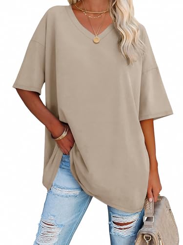 ATHMILE Womens Summer Oversized Shirts V Neck Plus Size Spring Workout Tops Beach Vacation 2025 Gym Clothes Khaki