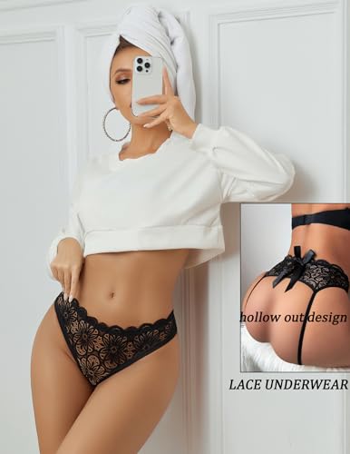 Avidlove Women Hollow Out Strings Lace Panties Cute Rear Bowknot Briefs Underwear Black