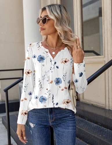 Zeagoo Long Sleeve Shirts for Women Casual Henley V Neck Fall Tops Business Work Blouses Clothes Floral White