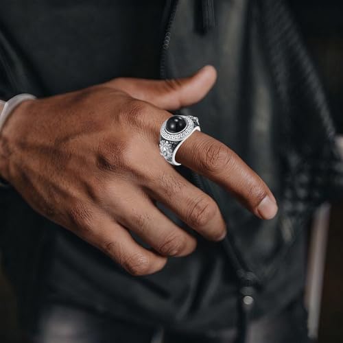 QKABTI Men's 925 Sterling Silver Greek Key Lion Ring, Black Onyx Regal Statement Band for Men Size 11