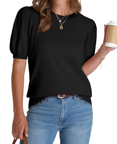Womens Summer Tops Puff Short Sleeve T Shirts 2026 Soft Spring Cute Tops Dressy Casual Trendy Work Teachers Blouses Cruise Vacation Outfits Business Casual Tops for Women Clothing Black Sweaters L