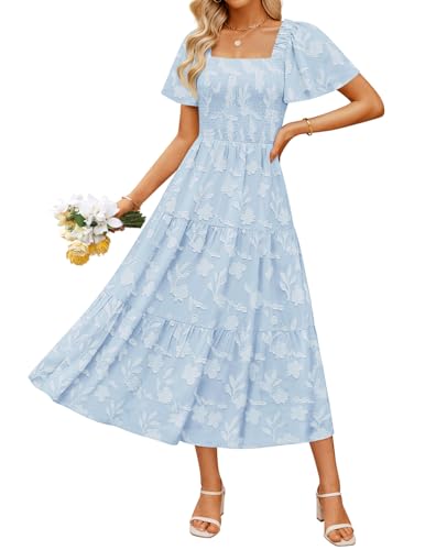 ZESICA Womens Summer Boho Floral Midi Dress 2026 Casual Flowy Beach Vacation Wedding Guest Graduation Long Dresses Blue Medium