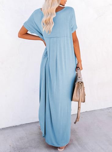 Dokotoo Women's Dresses V Neck Short Sleeve Maxi Sundresses for Women Plus Size Beach Essentials Womens Maxi Dress Womens Summer Outfits Sun Dress Casual Long Dresses for Women Mist Blue XL