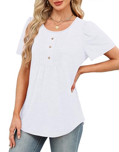 Womens Tops Dressy Casual Blouses Short Sleeve Shirts Plus Size Fashion Clothing Spring Summer Outfits Tuck Pleated Front White 2XL