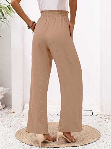 Heymoments Women's Wide Leg Lounge Pants with Pockets Khaki Medium Lightweight High Waisted Adjustable Tie Knot Loose Comfy Casual Trousers