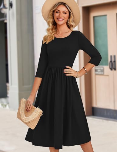 Zeago Black Casual Dress for Women Solid Half Sleeve Swing Party Dress Aline Loose Tshrit Midi Sundress with Pockets Vocation Beach Clothes,L