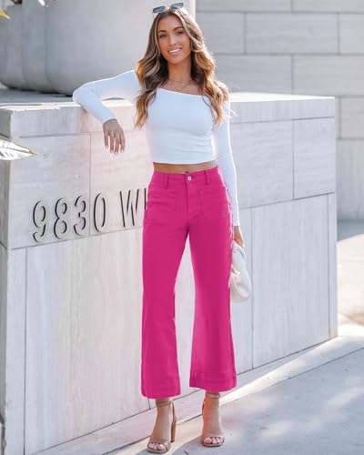 Luvamia Hot Pink High Waisted Wide Leg Flare Jeans for Women, Size 12-14, Casual Jeans with Stretchy Denim Fabric, 26 Inch Inseam