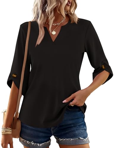 Kistore Blouses for Women Dressy Casual 3/4 Sleeve Dress Shirts Spring V Neck Office Going Out Wear Tops Black M