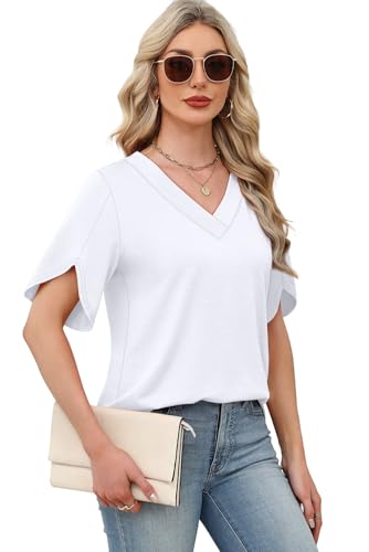 WIHOLL White Shirt Womens Blouses for Women Cute Tops Dressy Casual V Neck Shirts Fashion Clothing School Outfits for Teachers Womens Summer Tops White L