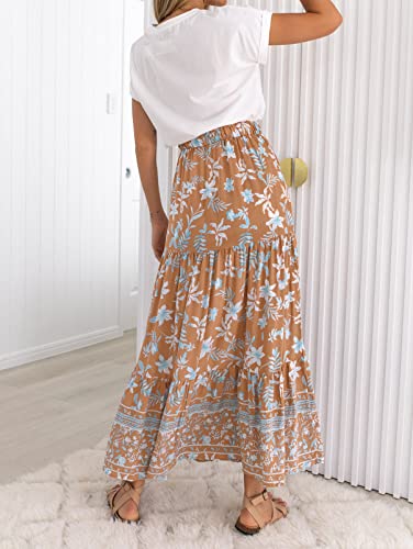 ZESICA Women's 2026 Summer Bohemian Floral Printed Elastic Waist A Line Maxi Skirt with Pockets Clay Medium