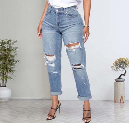 Mom Jeans - BessCops Womens Boyfriend Jeans Stretchy Ripped Distressed Denim Mom Jean Pants