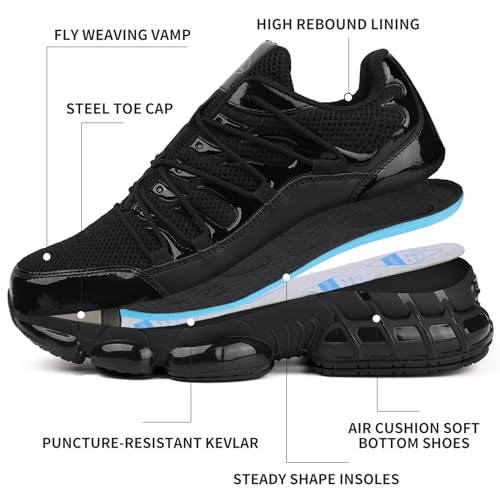 LIANGGO Steel Toe Shoes for Men Women Composite Toe Safety Work Non Slip Industrial Air Cushion Tennis Sneakers Black 38.5