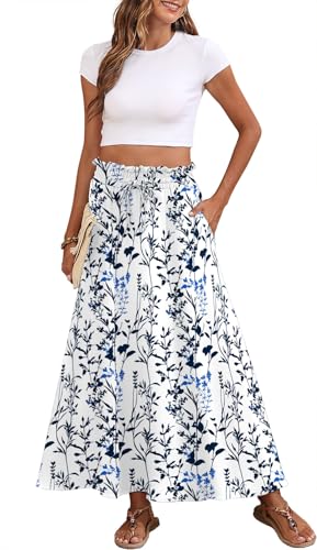 Askyes Long Skirts for Women High Waisted Casual Work Flowy Swing Long Skirts with Pockets,Water Plants,L