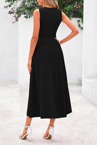 PRETTYGARDEN Spring Casual Dresses for Women 2026 Summer Business Work Midi Sleeveless A Line Pleated Cocktail Dress(Black,Small)
