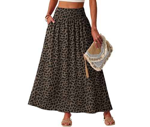 Lepunuo Maxi Skirts Womens High Smocked Waisted Flowy Gypsy Skirts with Pockets