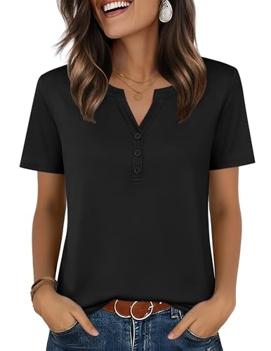 Zeagoo Shirts for Women 2026 Fashion Spring Tops Short Sleeve Henley Shirts Business Work Blouse Tee Clothes Black