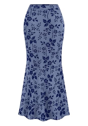 BTFBM Womens Floral Mesh Maxi Skirt 2026 Spring Summer Elastic High Waisted Boho Elegant Mermaid Long Skirts for Women(Dusty Blue, Medium)