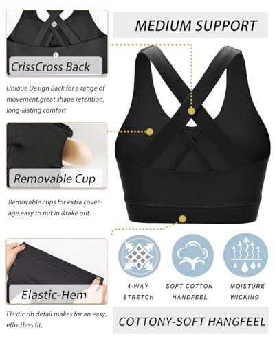 RUNNING GIRL Sports Bra for Women, Criss-Cross Back Padded Strappy Sports Bras Medium Support Yoga Bra with Removable Cups A-Black