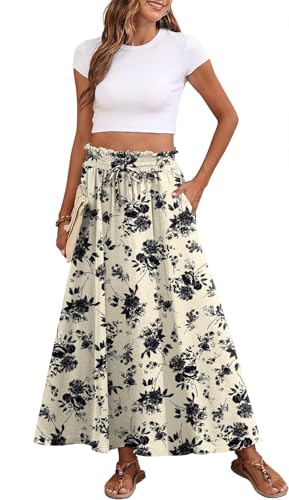 Askyes Womens Maxi Skirts Elastic High Waisted Casual Floral Flowy Wedding Guest Long Skirts with Pockets,XL
