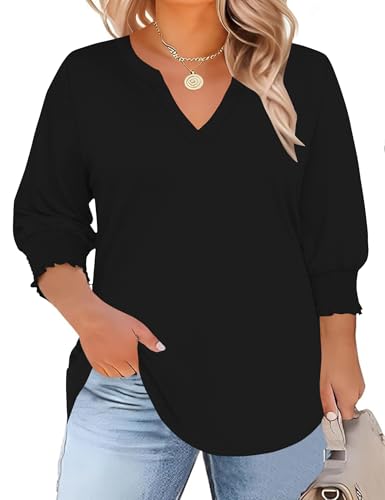 TFSDOD Plus Size Tops for Women Trendy 3/4 Length Sleeve Womens Tops Loose Fit Dressy Blouses V Neck Shirts Summer Outfits for Women Black 2X