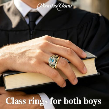 PhaedraOona Class Rings 925 Sterling Silver Personalized Men's Class Ring - Custom Graduation Ring - Perfect High School Graduation Gift for 2026 (Gem Halo-Gold)