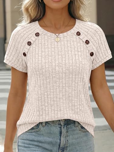 AUTOMET Women's Short Sleeve Shirts Business Casual Blouses Dressy Work Tunic Tops 2026 Spring Sweaters Fashion Clothes Apricot L