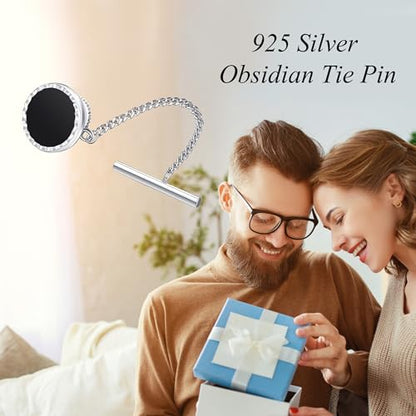 Black Onyx Tie Tack for Men Tie Pin with Chain for Wedding Birthday Anniversary Party Gifts for Men