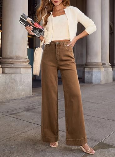 Dokotoo Womens Casual High Waisted Jeans for Women Straight Wide Leg Loose Stretch Denim Pants Brown Size 6
