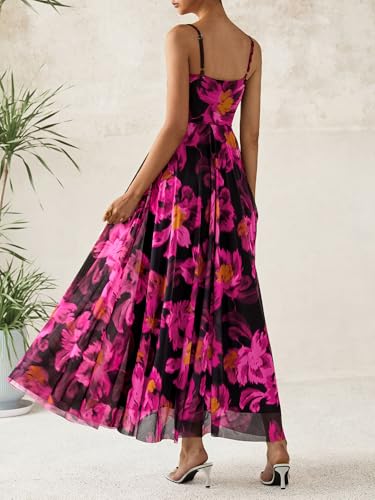 BTFBM Women Summer Floral Maxi Dresses Elegant Spaghetti Strap Dress Printed Party Dress Beach Long Dresses(Floral Black Rose Red,Large)