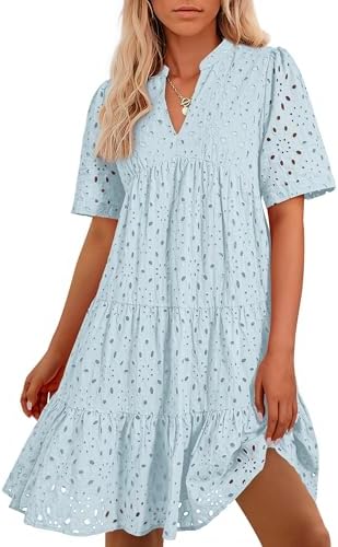 Easter Dress Women - BTFBM Womens Boho Summer Dresses 2025 Resort V Neck Short Sleeve Hollow Out Lace Ruffle Casual Beach Mini Vacation Dress Light Blue