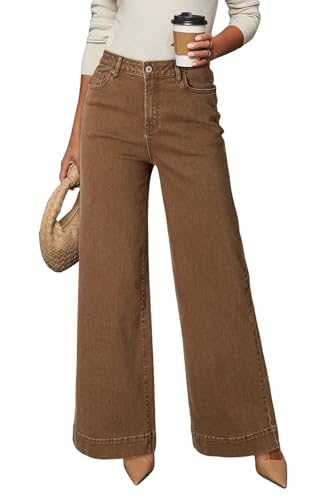 Dokotoo Womens Casual High Waisted Jeans for Women Straight Wide Leg Loose Stretch Denim Pants Brown Size 6