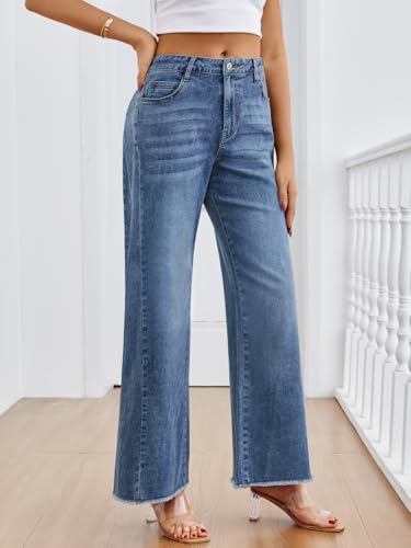 Trendy Queen Women's Wide Leg Jeans, Relaxed Loose Straight Leg with Raw Hem, Comfort Denim Pants Blue 10