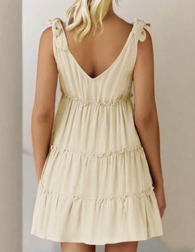 Sundresses - ZESICA Womens Summer Casual V Neck Sleeveless Mini Dress Tie Shoulder Tiered Ruffle Swing A Line Short Sundresses