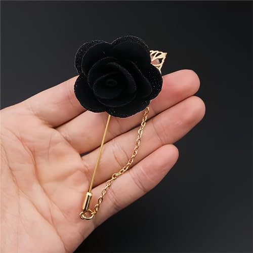 Rose Flower Pin Brooch for Men Long Chain Fringe Lapel Pin Fabric Boutonniere Pins Enhance Image Dress Accessories Groomsman Wedding Suit Accessories (Black)
