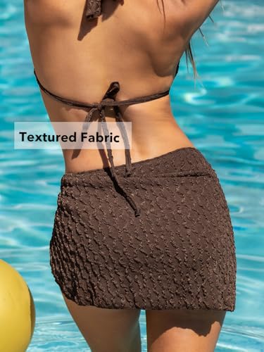 CUPSHE Women's Bikini Sets Three Piece Swimsuit V Neck Textured Halter Back Self Tie Twist Sarong Low Rise, M Brown