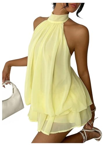 Verdusa Women's Chiffon Halter Drop Waist Wedding Guest Dresses Ruffle Summer Mini Dress Brunch Outfits Butter Yellow Large
