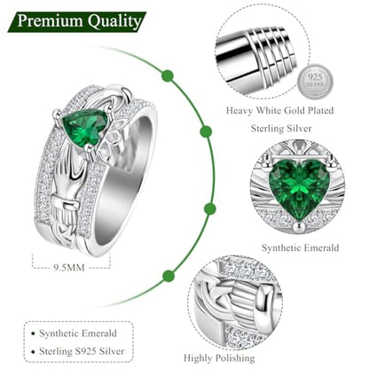 LYTTMAB Claddagh Ring For Men, Lab Created Green Emerald Sterling S925 Silver Irish Celtic Knot Ring Men's Wedding Band Promise Engagement Ring Size 9