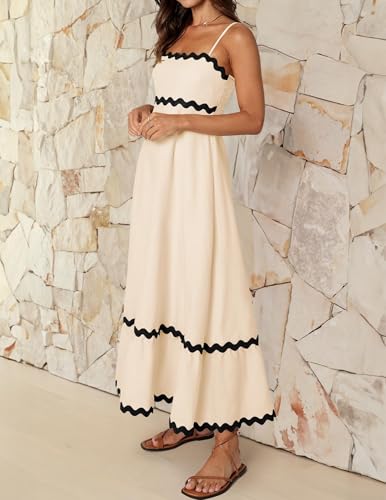 ZESICA Women's 2025 Summer Spaghetti Straps Sleeveless Backless Sundress Flowy Smocked Lace Swing A Line Midi Dress,Apricot,Small