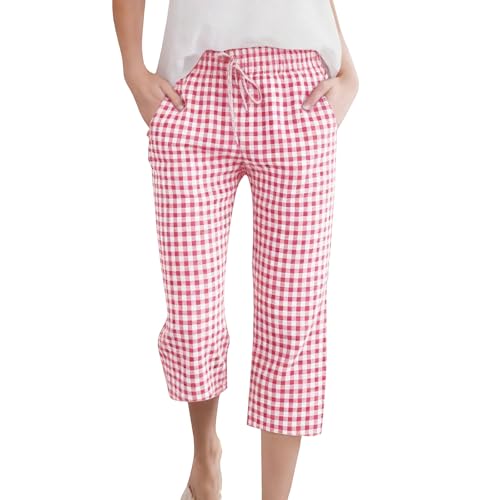 Bermuda Shorts for Womens Drawstring Elastic High Waisted Stripe and Gingham Wide Leg Beach Shorts Slacks with Pockets Pink